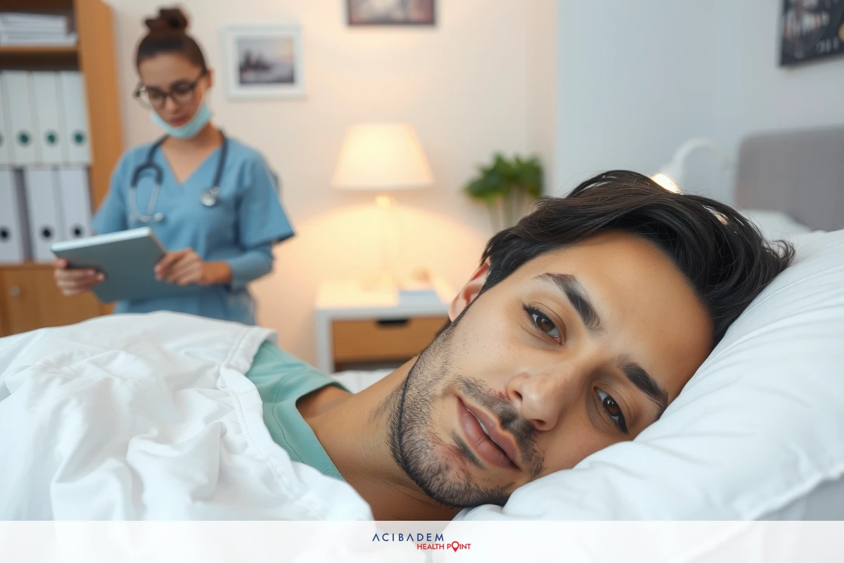 The image depicts a man in a hospital bed, seemingly asleep. A healthcare professional stands nearby, possibly taking notes or monitoring the patient's condition. The environment is clinical and sterile, with medical equipment and documents within reach.