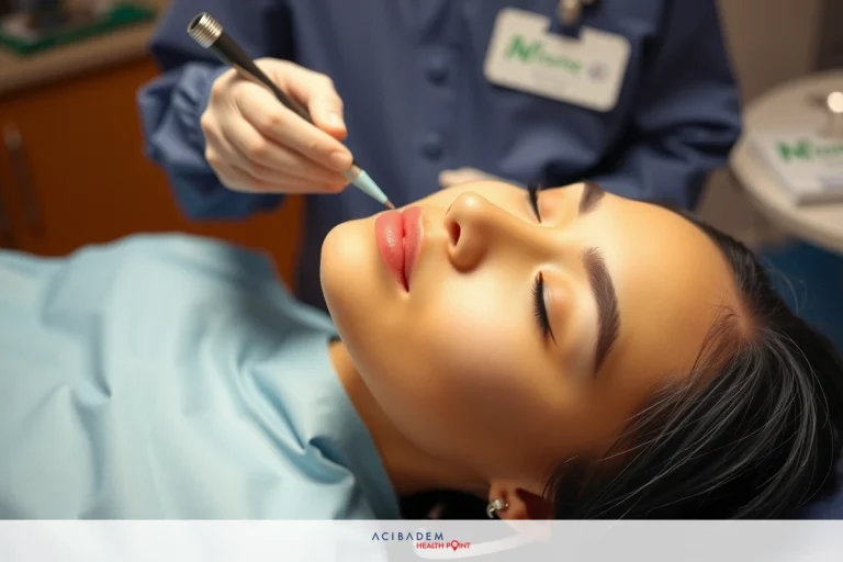 This is a photograph taken inside a medical setting. There are two individuals present; one is sitting down with their eyes closed, possibly receiving treatment or an examination.
