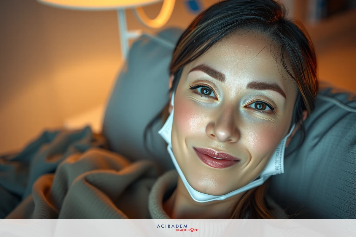 A young woman lying down, smiling at the camera. She has her head resting on a pillow, and there is what appears to be rhinoplasty.