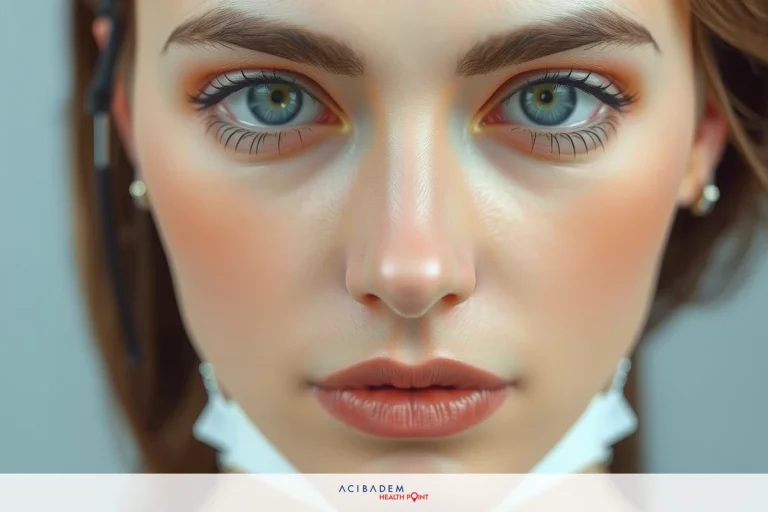 Does Rhinoplasty Scar Go Away? Close-up portrait of a woman with blue eyes, subtle makeup and lips. Her gaze is directed to the side, creating an introspective mood.