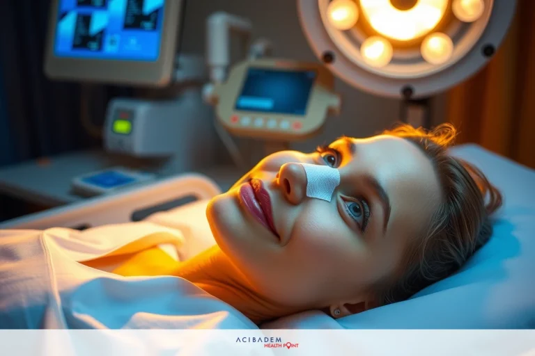 How Long Until Nose Looks Normal After Rhinoplasty A person is lying on a hospital bed, looking at the camera with a small smile. The hospital room has medical equipment. The lighting suggests it could be evening or nighttime in the hospital.