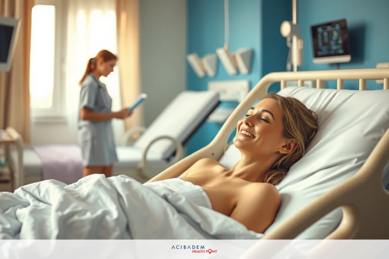 Can I Have Sex After Rhinoplasty? The image depicts a hospital setting with a nude woman lying on her stomach on a bed in the foreground. She is smiling and appears relaxed. A healthcare professional dressed in a light blue uniform stands beside the bed, holding some paperwork or medical records. The room is equipped with typical hospital furnishings such as a table with various medical instruments and equipment.