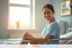 The image features a young female nurse dressed in a blue uniform, sitting on the edge of a hospital bed. She has a warm smile on her face and is looking directly at the camera with a caring expression. The room appears to be well-lit with natural light coming through an open window, creating a bright atmosphere.