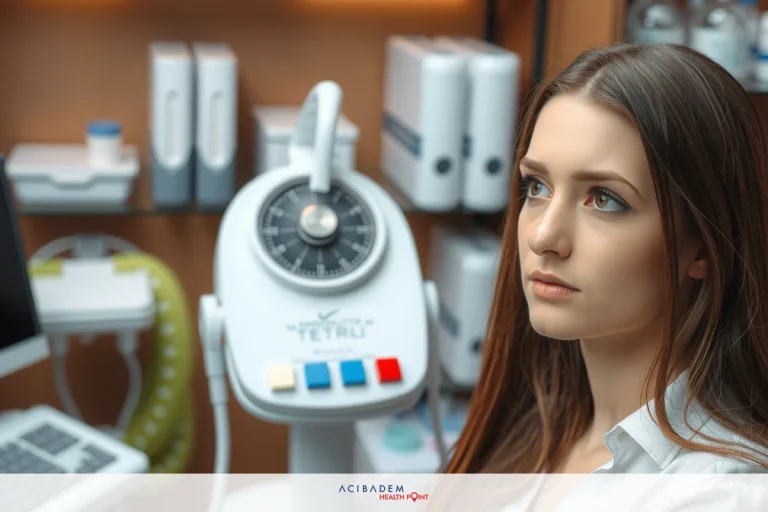 The image depicts a woman in what appears to be a medical or healthcare setting. She is seated at a desk with various pieces of equipment, such as an eye examination device and a laptop. The environment suggests she might be a professional involved in the healthcare field.