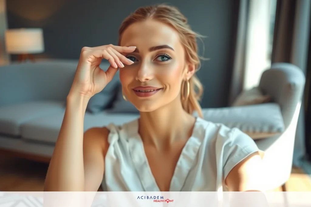 The image features a woman smiling towards the camera, with her hand resting on her face. She is wearing a white top. Behind her is a modern living room with a couch and neutral colors.