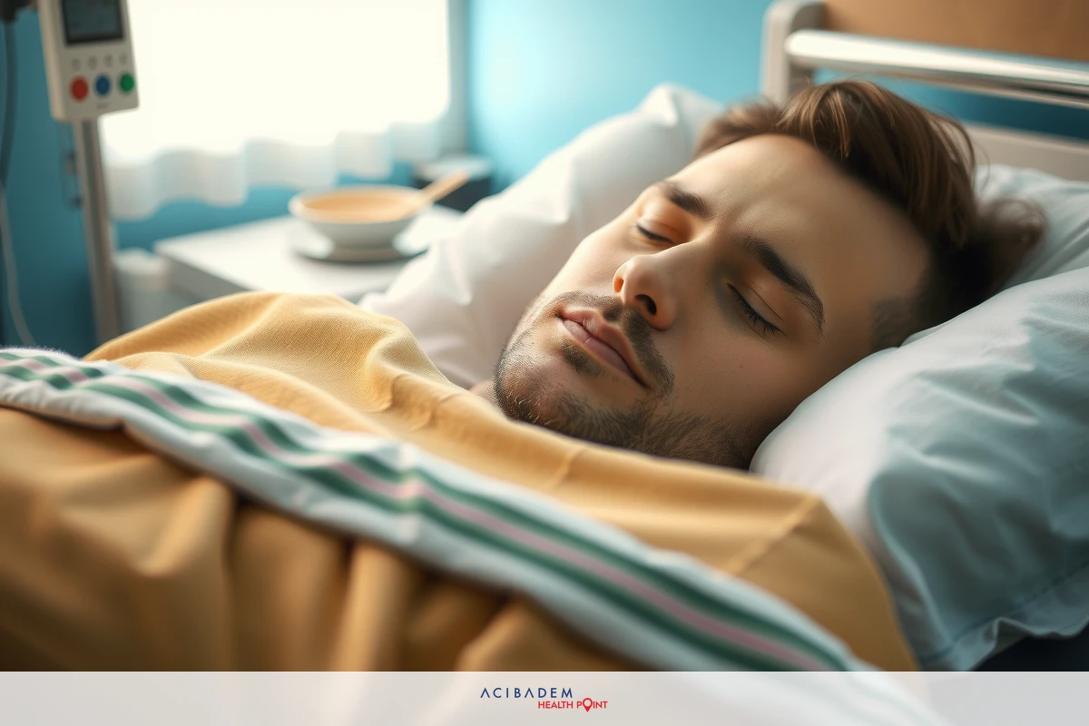 A man is lying in a hospital bed with medical equipment around him. He appears to be resting or receiving treatment. The room has a blue wall, and there's a window nearby.