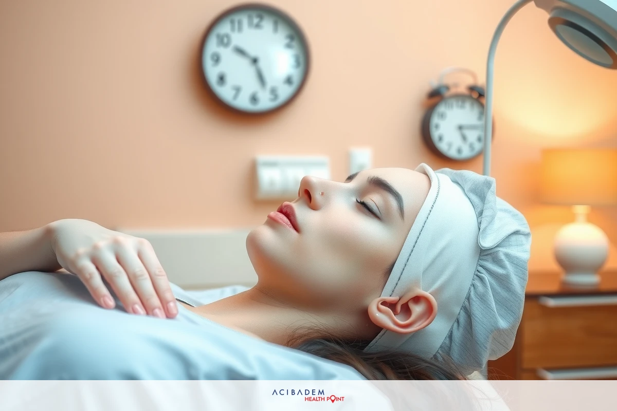 A woman lying on a hospital bed with her head covered, possibly undergoing medical treatment or procedure.