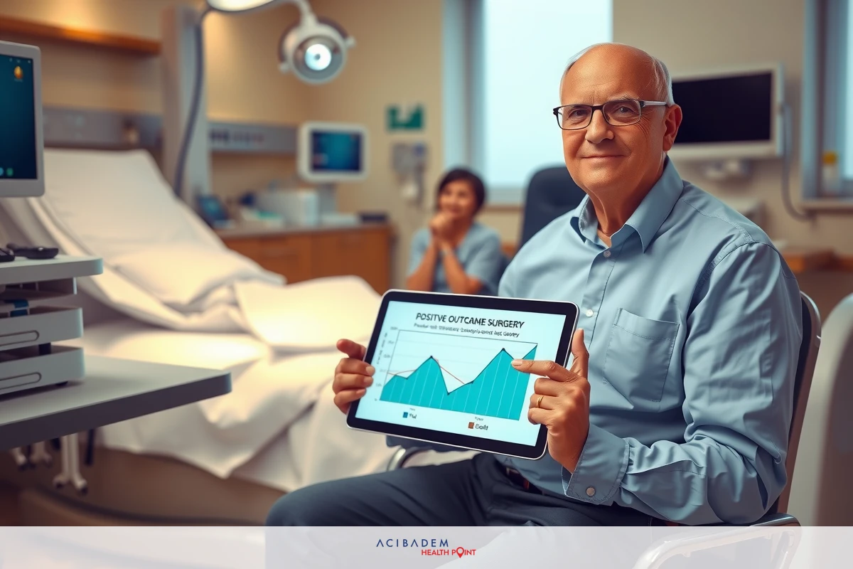 The image shows a man seated at a hospital bedside, holding a tablet. He is smiling and appears to be presenting medical data or information on the tablet. The environment suggests a healthcare setting with medical equipment visible.