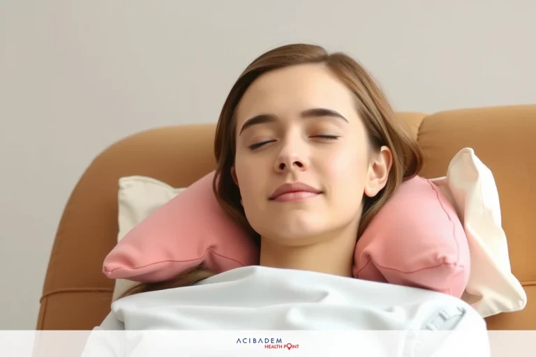 A woman is lying down with her eyes closed, appearing relaxed. She has pink pillows under her head and shoulders. Her expression suggests she might be in a state of rest or deep thought.