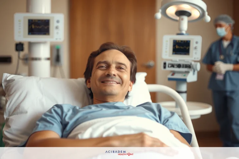 Can You Wear a Bra During Rhinoplasty The image shows a person lying in a hospital bed, smiling at the camera. There is medical equipment and personnel present, suggesting that the individual is receiving medical care.