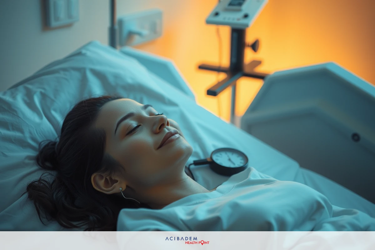 The image depicts a woman lying in a hospital bed. She is wearing a white gown, indicating she is under medical care. Her eyes are closed, suggesting she might be sleeping or resting. The environment appears calm and clinical, typical of a healthcare facility.