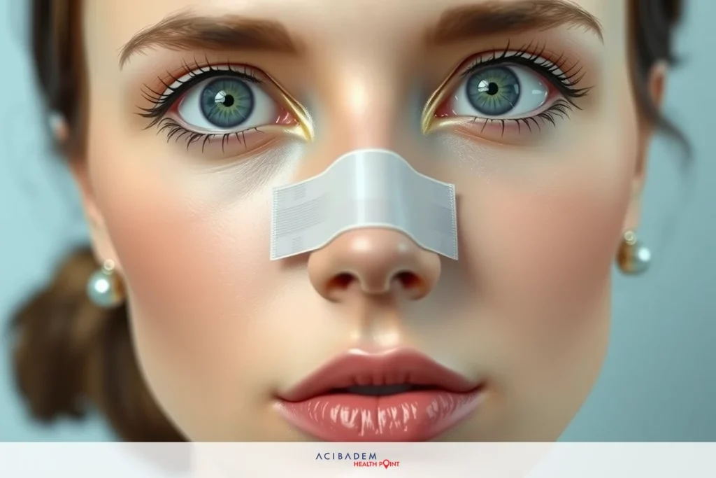 Image of woman with bandage on nose. She has a neutral expression, light complexion, and blue eyes.