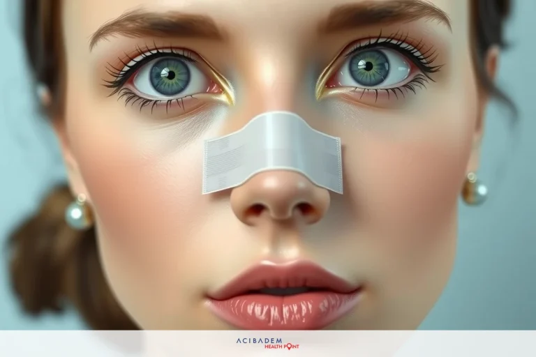 Image of woman with bandage on nose. She has a neutral expression, light complexion, and blue eyes.