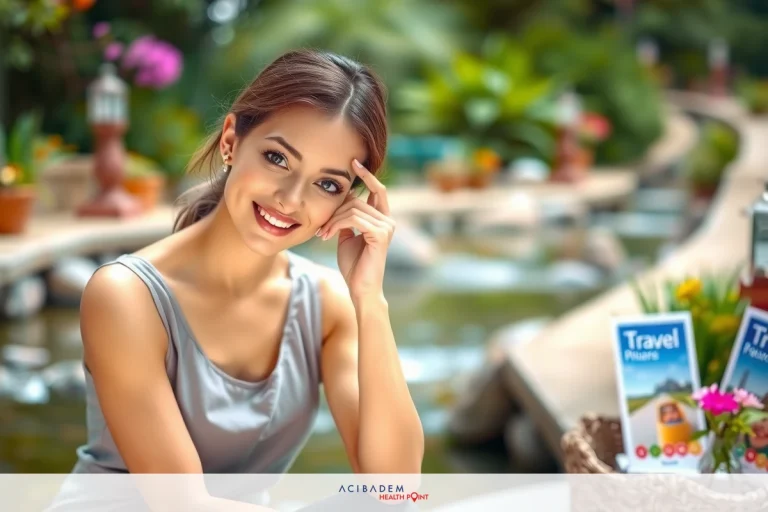 A young woman sitting outdoors in a garden with potted plants and a small water feature. She has a joyful expression on her face, holding up a hand near her head. A basket of snacks or picnic items is next to her, suggesting a leisurely day outside. The setting appears to be a serene outdoor space that might suggest a vacation or retreat.