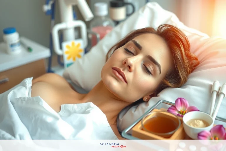 How Often is Revision Rhinoplasty Needed? The image shows a woman lying in a hospital bed with closed eyes, suggesting she might be resting or receiving treatment. There's a small cup of flowers on the tray next to her, which adds a touch of comfort and decoration to the scene.