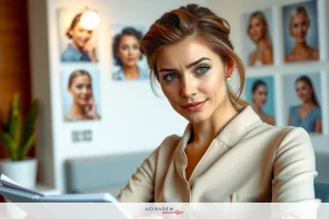 Woman in business attire looking at documents, sitting at desk with modern office environment featuring framed images of women's faces on the wall.