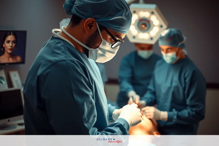 How to Choose a Surgeon for Rhinoplasty The image shows a scene from an operating room where medical professionals, dressed in surgical attire including masks and gloves, are performing an operation on a patient lying on the table.