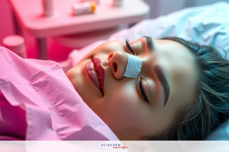 When is Nasal Packing Used in Rhinoplasty? The image depicts a woman lying in a hospital bed with medical equipment and personnel around her. He has a bandage on his nose, which suggests he may be undergoing some type of health treatment or procedure. The overall ambiance of the scene indicates a medical setting.