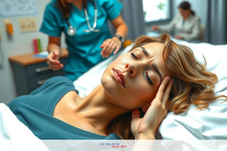 The image depicts a hospital setting with two individuals. A patient is lying on a bed, wearing a gray hospital gown and looking away from the camera. Beside her is a medical professional dressed in scrubs, who appears to be providing medical care or attention to the patient.