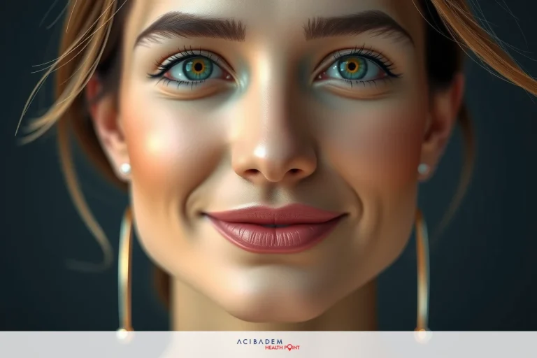 Can Rhinoplasty Affect Your Other Facial Features? The image showcases a close-up of a woman's face. Her complexion is clear and her eyes are accentuated with blue contact lenses or makeup.