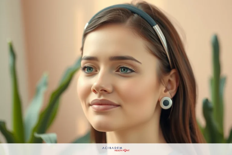 The image features a woman smiling and looking away from the camera. She is wearing a headband and has her hair styled straight. The environment suggests an indoor setting with potted plants in the background. Her expression conveys a sense of calm and contentment.