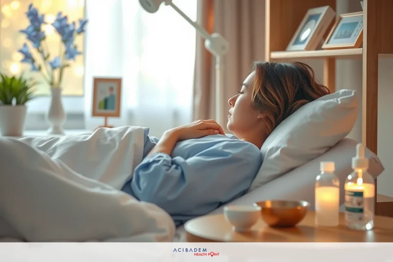 How to Reduce Congestion After Rhinoplasty Woman in hospital bed, holding hands over chest, surrounded by comforting items like a bowl and flowers, indicating possible post-surgery recovery scenario.