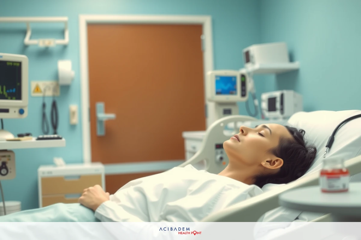 A patient is lying in a hospital bed with medical equipment. The setting appears to be a well-lit hospital room with professional healthcare staff attending to the needs of the individual.