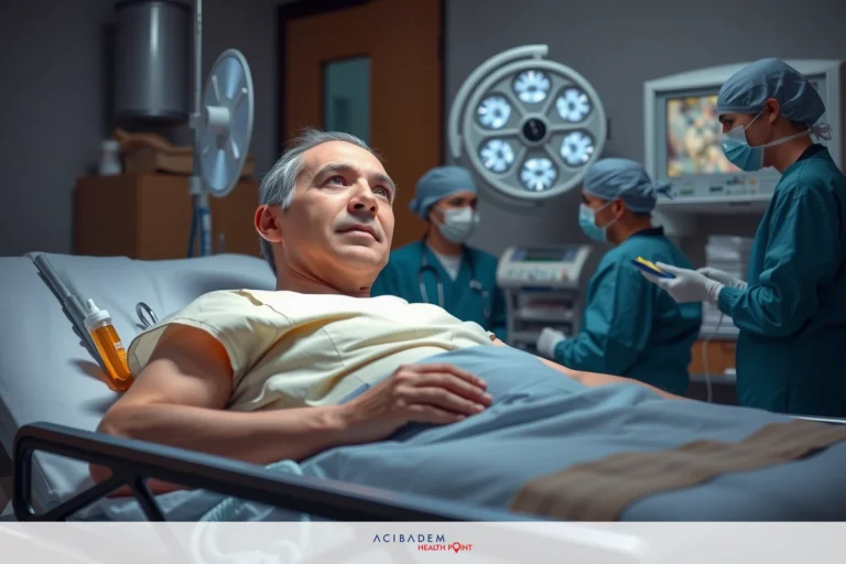The image depicts a hospital setting with medical professionals assisting a patient lying on a bed. The patient appears calm and in good spirits. There are various pieces of medical equipment around the room.