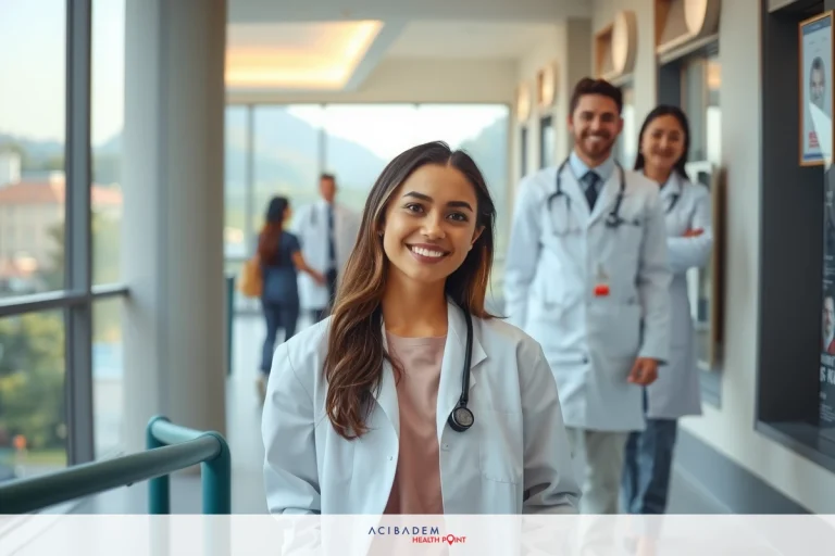 How Much It Cost for Rhinoplasty in India A professional scene with three doctors in a medical setting. One female doctor smiles at the camera, while two another colleagues stand together.