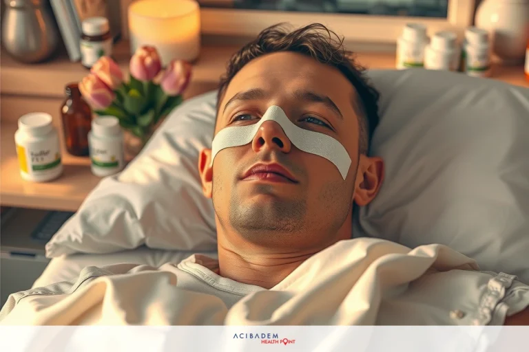 A male patient laying in a hospital bed, receiving medical treatment with various supplies and medication around him. He is wearing face masks on his eyes for medical purposes.