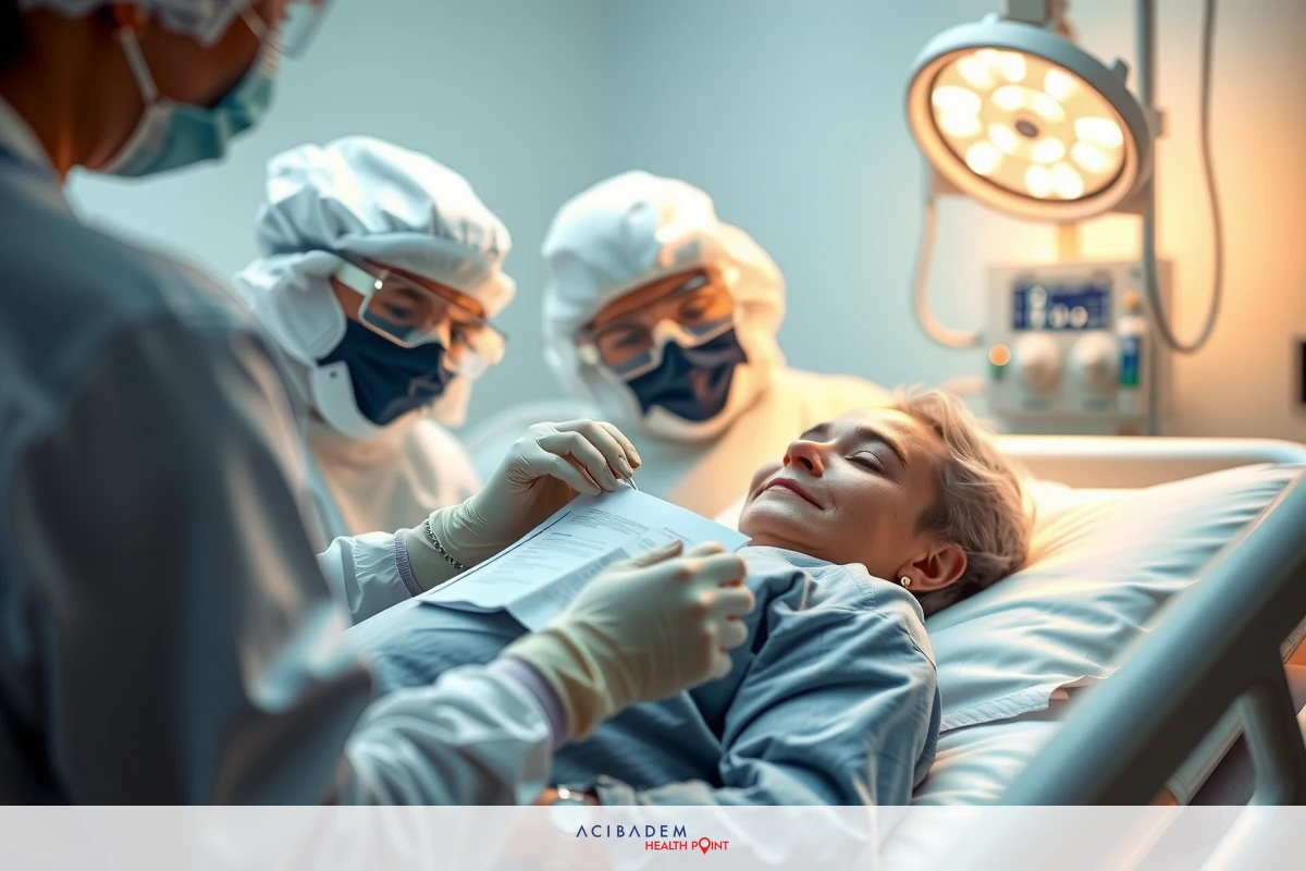 The image depicts a medical setting with several doctors wearing full protective gear. They are gathered around a patient who is lying on a hospital bed. The environment suggests an operating or examination room, given the presence of medical equipment and supplies.