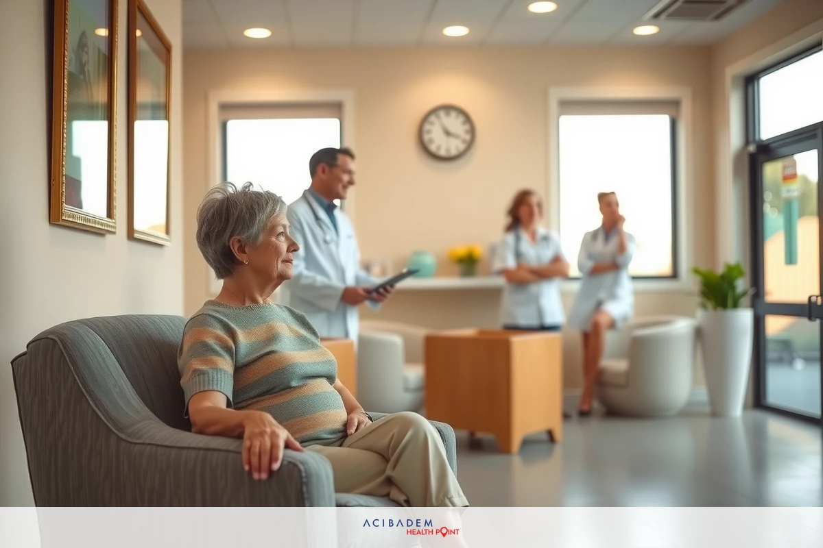 In this image, we see a scene from a modern medical office. A patient is seated in a comfortable chair, waiting for her appointment with a doctor. The doctor and nurse are standing nearby, engaged in conversation about the patient's condition. The office has clean lines and a calm atmosphere, suggesting an efficient healthcare environment. The color palette is soft and warm, contributing to the overall sense of well-being and professionalism.