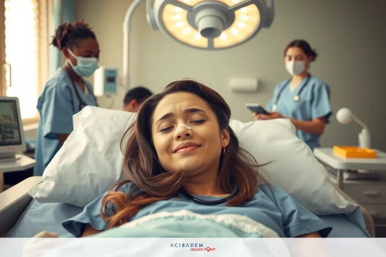 A young woman lying on a hospital bed with medical staff around her. One of the doctors is wearing an surgical mask and gloves, suggesting that they are in the middle of a procedure or examination.