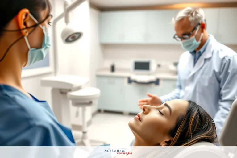 The image depicts a hospital clinic setting with two doctors wearing surgical masks and medical gowns and a woman sitting in a patient chair. A woman is seated in a doctor's chair receiving treatment, while another woman stands to her left offering assistance. An older man, presumably a doctor, stands at the end of the table, watching the procedures.