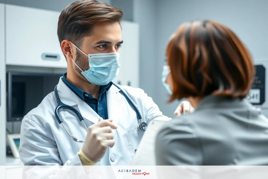 A medical doctor wearing a mask, presumably examining his patient at a clinic. The room has modern medical equipment and lighting.