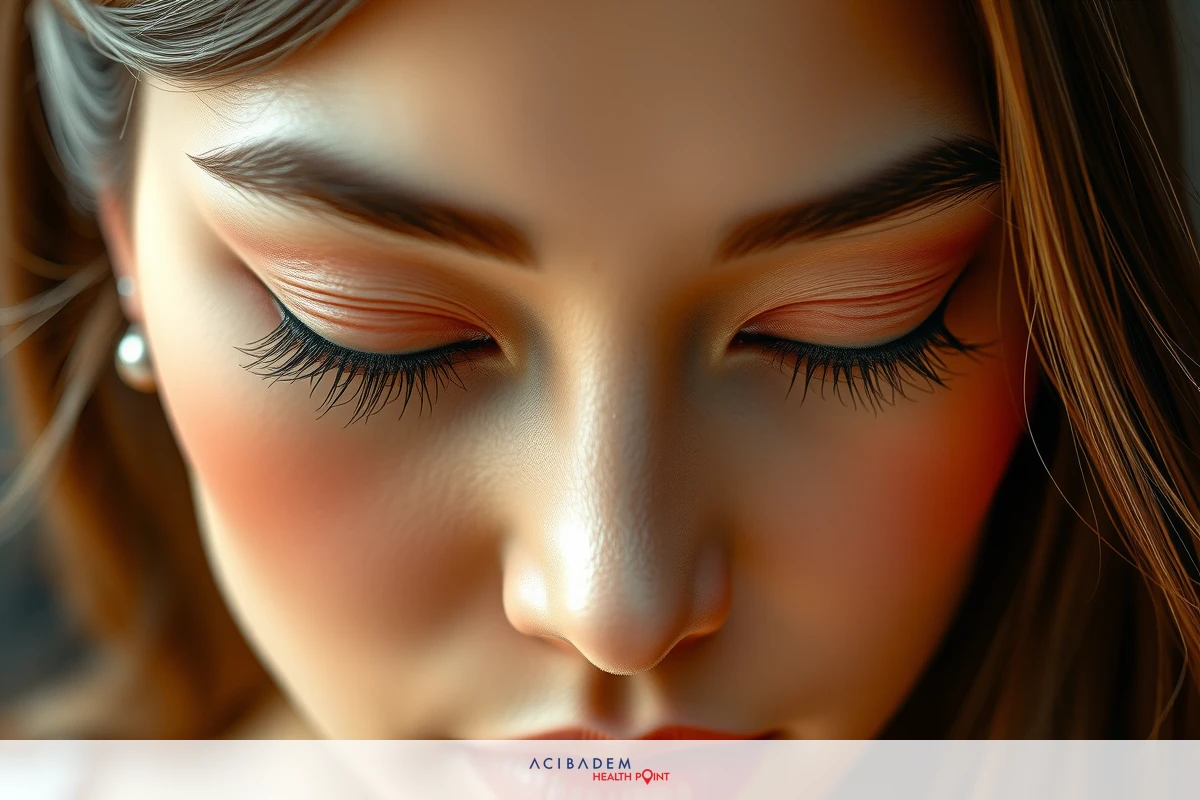 The image features a close-up of a woman's face. Her eyes are gently closed, and she has pink lips and long eyelashes. The woman has a neutral expression, which might suggest a moment of contemplation or rest.