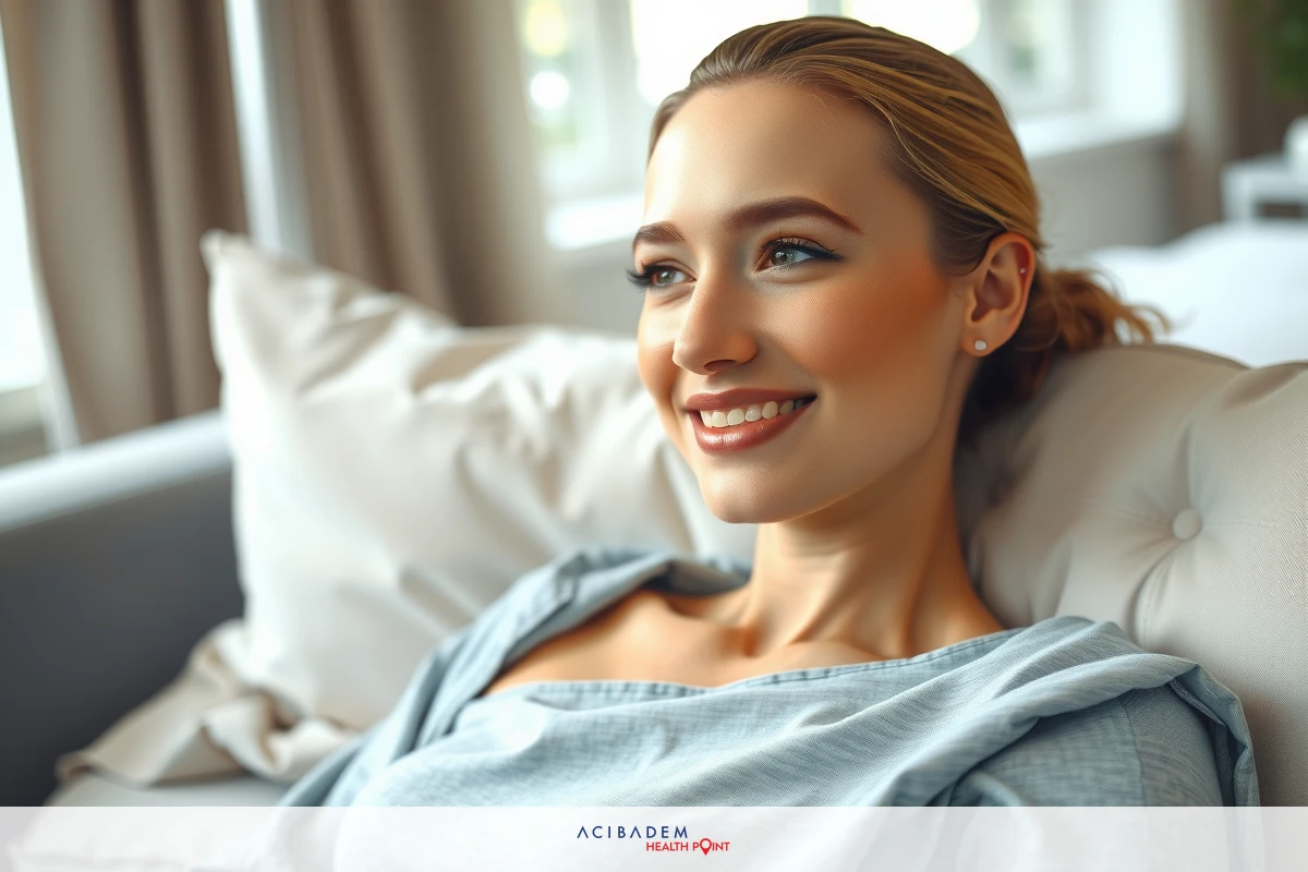 A young woman is sitting on a white couch. She has blonde hair and is wearing a light blue dress. Her expression is one of contentment, and she seems to be looking away from the camera towards something pleasant or interesting.