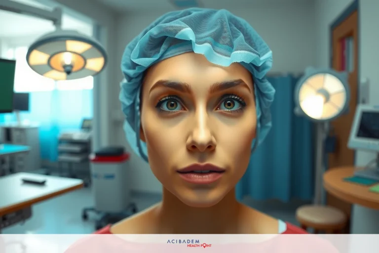 A woman in a medical setting wearing a surgical gown, looking directly at the camera with an intense expression. The background is blurred but appears to be an operating or procedure room.