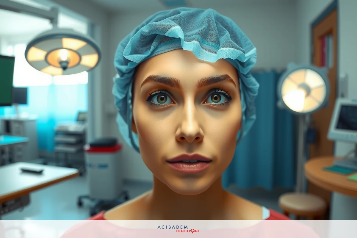 A woman in a medical setting wearing a surgical gown, looking directly at the camera with an intense expression. The background is blurred but appears to be an operating or procedure room.