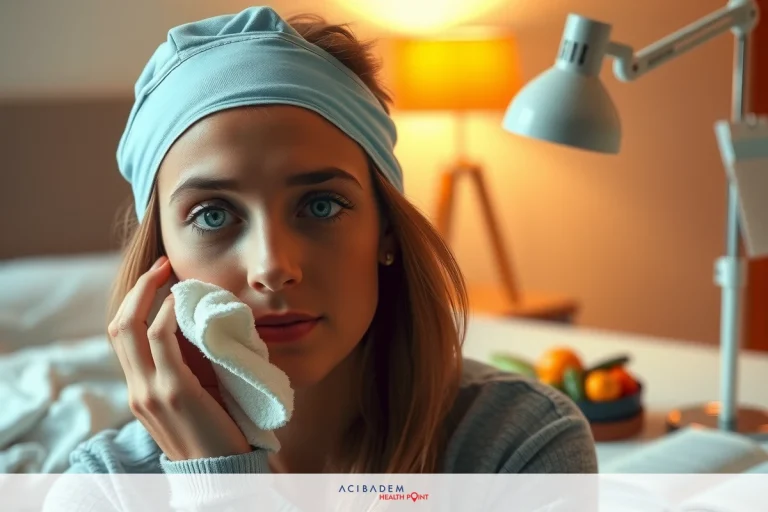 A woman in a hospital bed, holding a tissue to her face. The environment suggests a modern and comfortable space with a lamp visible in the background.