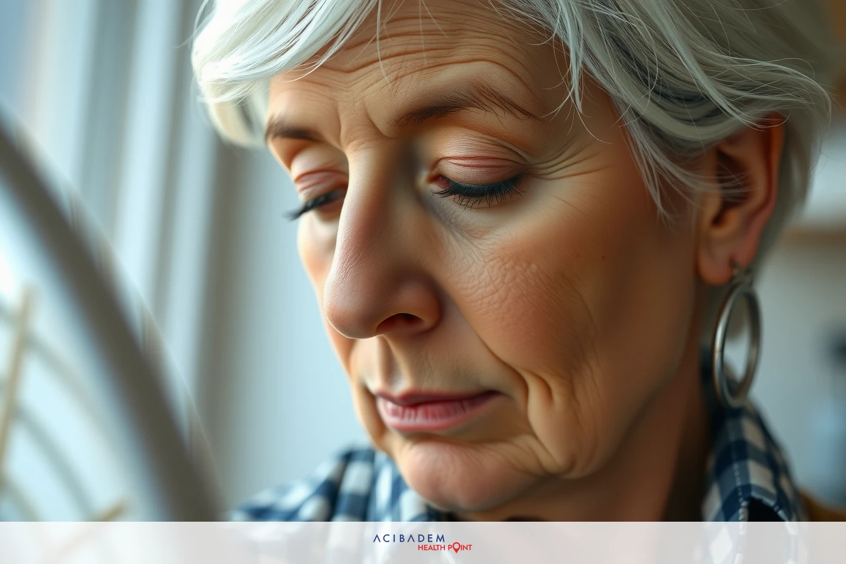 The image shows a middle-aged woman with gray hair. She is standing in an indoor setting, possibly a kitchen, looking downward. The environment appears warm and homely, with wooden floors and soft lighting.