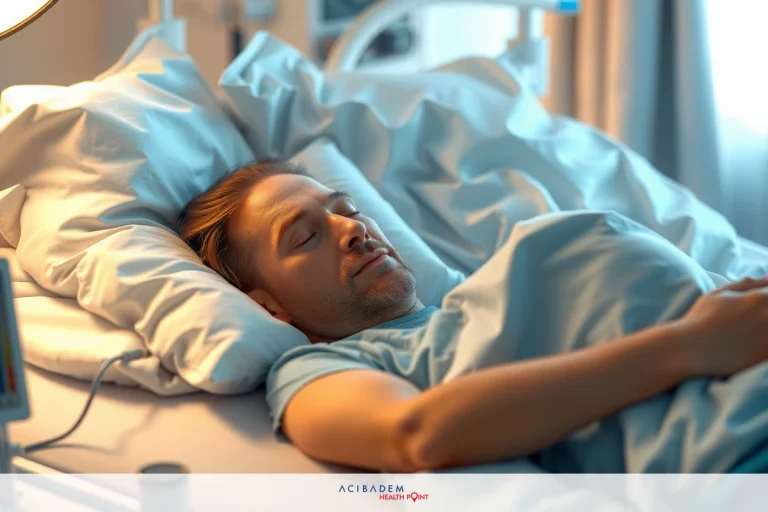 The image shows a man lying in a hospital bed, connected to various medical equipment. The room has a sterile environment with white walls and a blue-toned lighting.