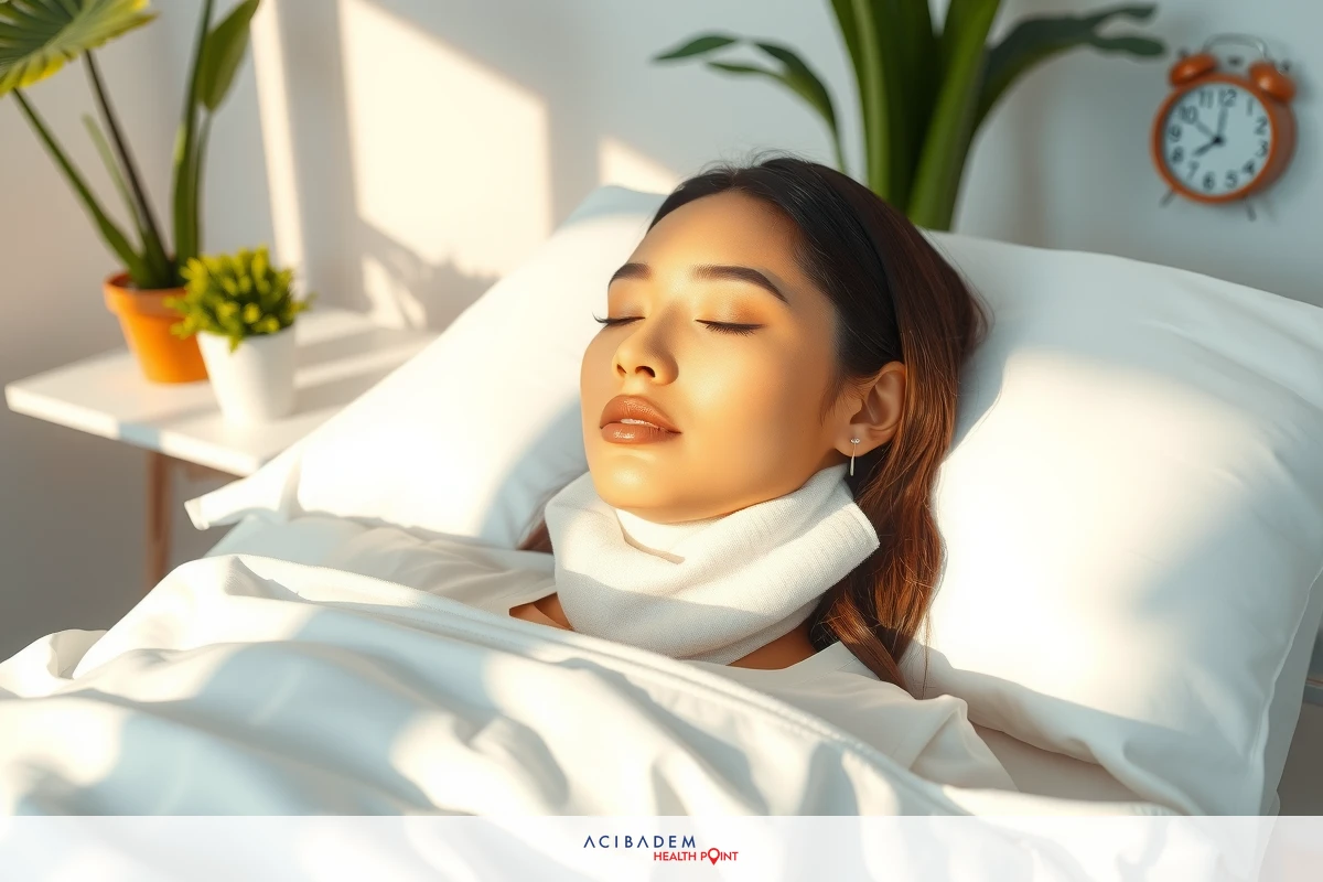 The image shows a woman lying in bed with her eyes closed, appearing relaxed. She has a neck brace around her neck and is wearing light makeup. The room seems to be a modern, well-lit space with natural light coming through a window.