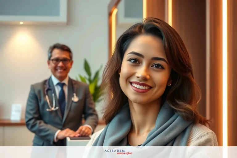 Can I Get a Rhinoplasty on Pay Monthly? A woman is smiling at the camera in an office setting, next to a man wearing professional attire. The environment suggests a corporate or medical space.
