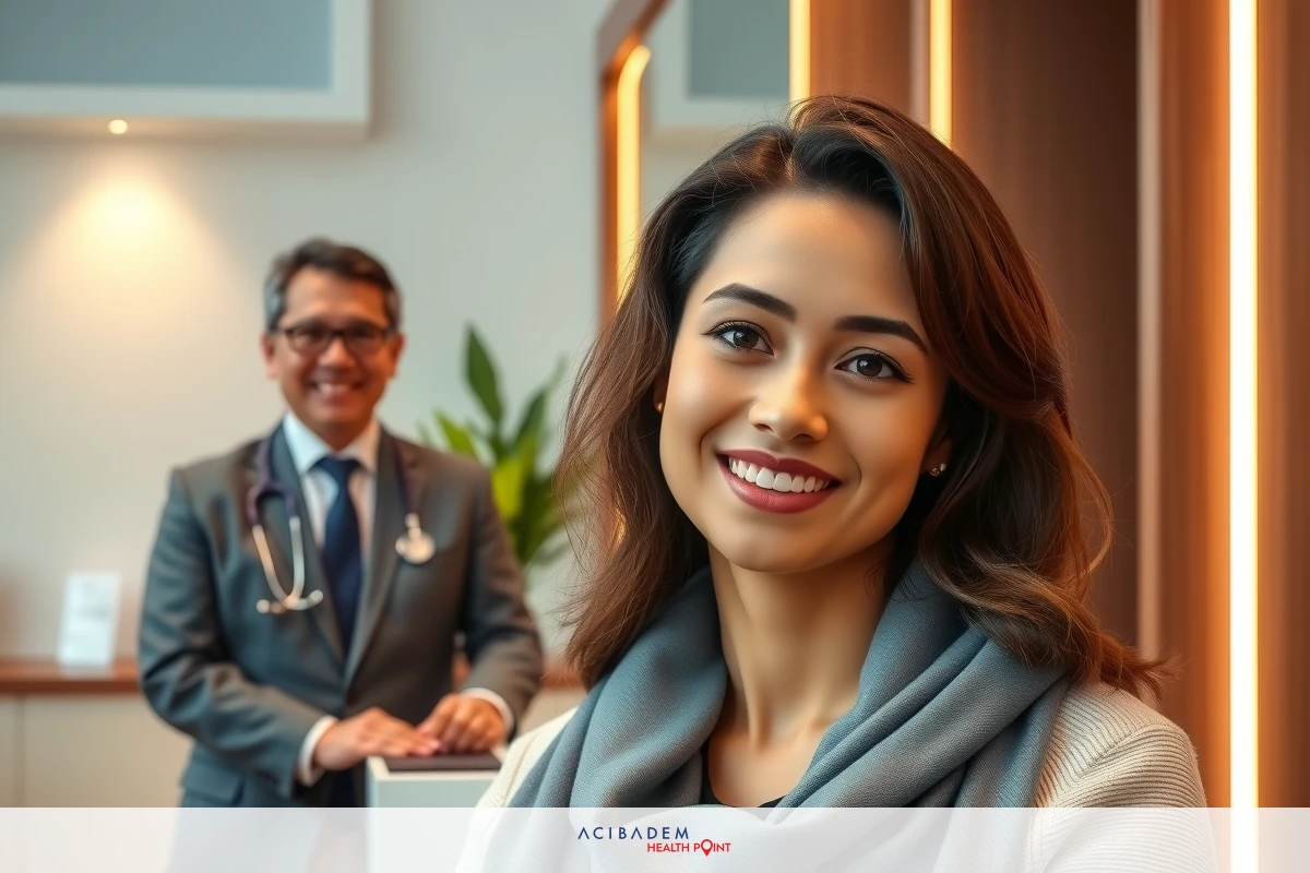 A woman is smiling at the camera in an office setting, next to a man wearing professional attire. The environment suggests a corporate or medical space.