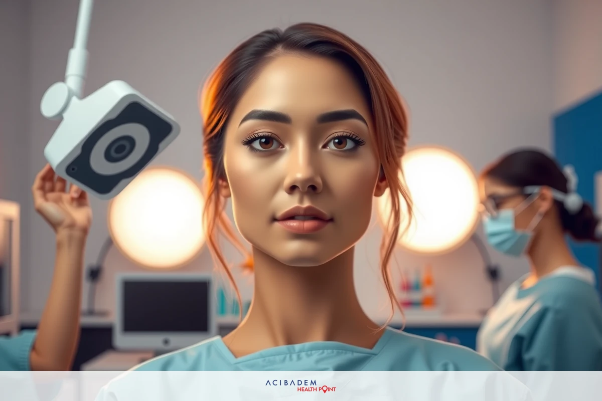 The image shows a digital rendering of a woman in a hospital or medical setting. She is seated, wearing surgical scrubs and appears to be either undergoing an examination by healthcare professionals or participating in a telemedicine consultation.