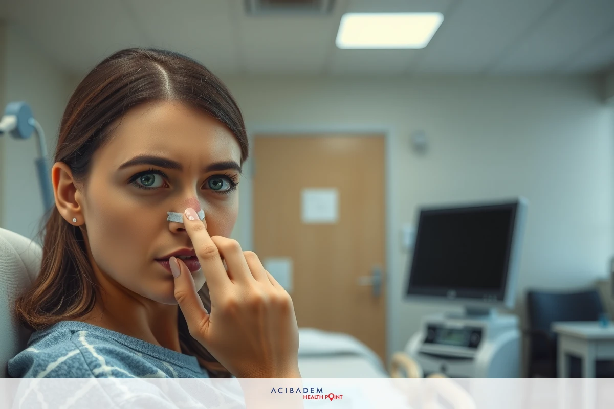 The image shows a woman in a medical office setting. She is seated and appears to be receiving a treatment. Her expression suggests discomfort or pain, as she looks directly at the camera.