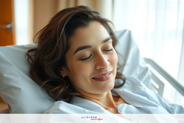 The image shows a woman lying on a hospital bed, smiling at the camera. She is dressed in a patient's gown and appears to be resting comfortably. The room has bright lighting and medical equipment visible around her.