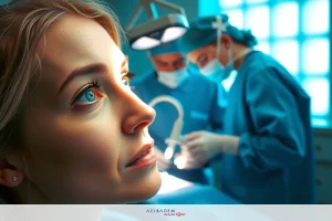 In a medical setting, a patient is being attended to by medical staff. One doctor appears to be examining the patient's nose while another observes closely. The room has the sterile look typical of a hospital or clinic.