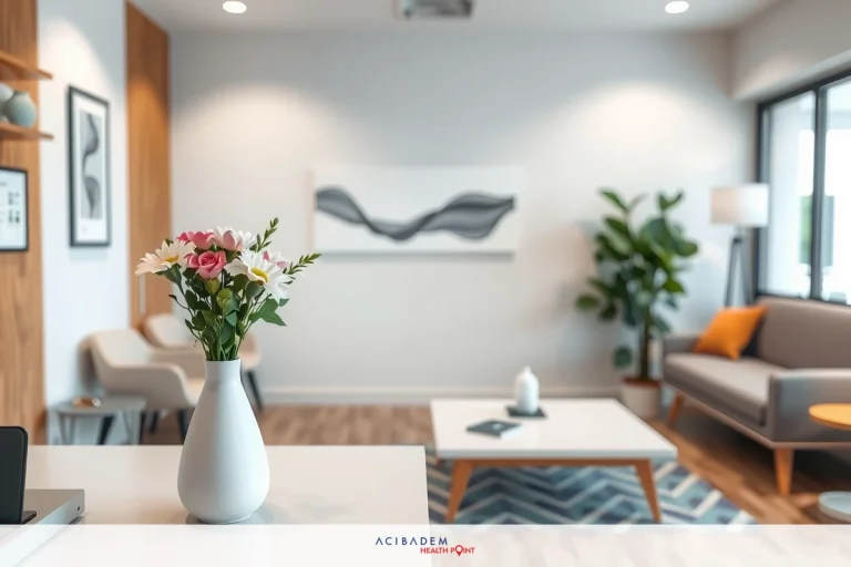 How Much Does a Rhinoplasty Cost Australia The image depicts a modern and stylish living room. There is a white sofa against the wall with two cushions. A coffee table sits in front of the sofa with a plant on top. The floor has a large area rug with abstract patterns.